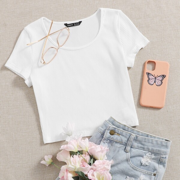 

Scoop Neck Rib-knit Crop Tee, White