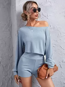 SHEIN Privé Conjunto top corto tejido de canalé de hombros caídos con shorts de cintura ancha - Celeste - Ver 1