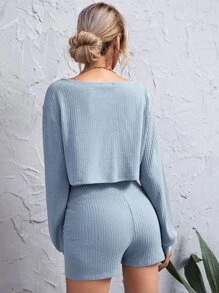 SHEIN Privé Conjunto top corto tejido de canalé de hombros caídos con shorts de cintura ancha - Celeste - Ver 2