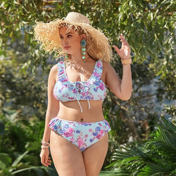 

Plus Floral Graphic Ruffle Trim Bikini Swimsuit, Multicolor