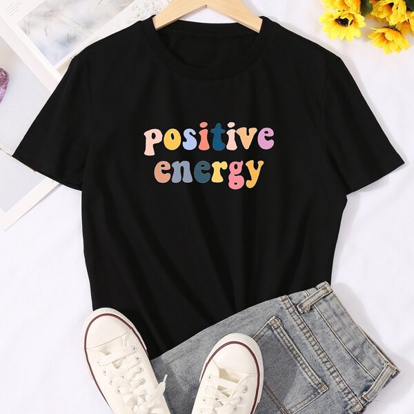 

Round Neck Letter Graphic Tee, Black