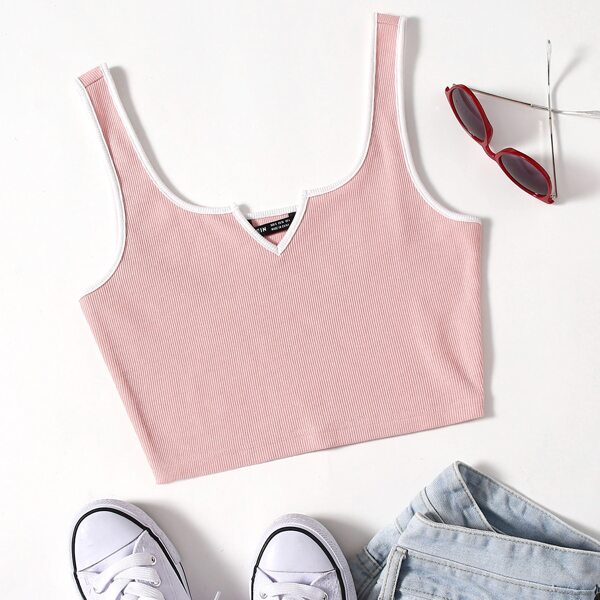 

Notch Neck Ringer Tank Top, Baby blue