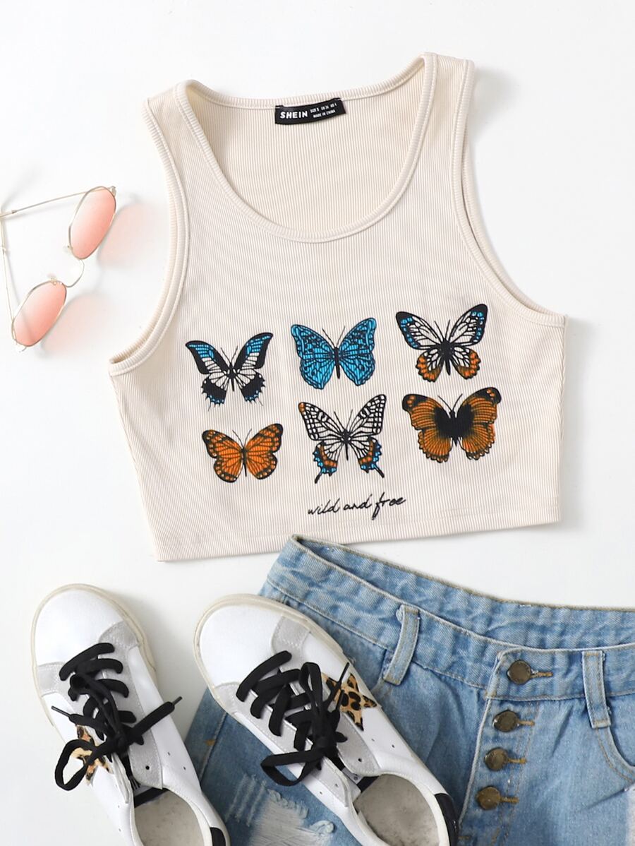 Butterfly Print Crop Tank Top - Beige - View 1