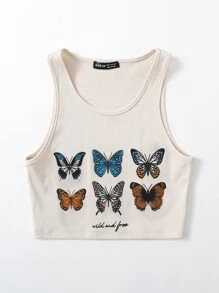 Butterfly Print Crop Tank Top - Beige - View 3