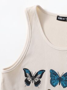 Butterfly Print Crop Tank Top - Beige - View 5