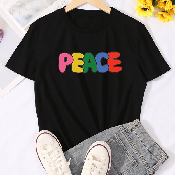 

Round Neck Letter Graphic Tee, Black