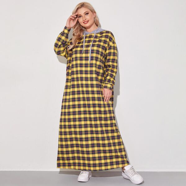 

Plus Tartan Contrast Drawstring Hooded Sweatshirt Dress, Multicolor