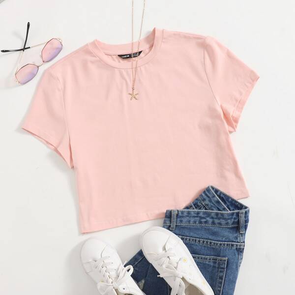 

Round Neck Crop Solid Tee, Baby pink