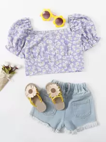 SHEIN Girls Puff Sleeve Shirred Gingham & Floral Top