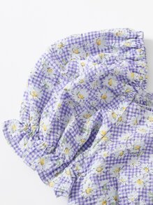 SHEIN Girls Puff Sleeve Shirred Gingham & Floral Top
