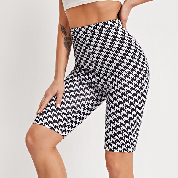 

High Waist Houndstooth Biker Shorts, Black and white
