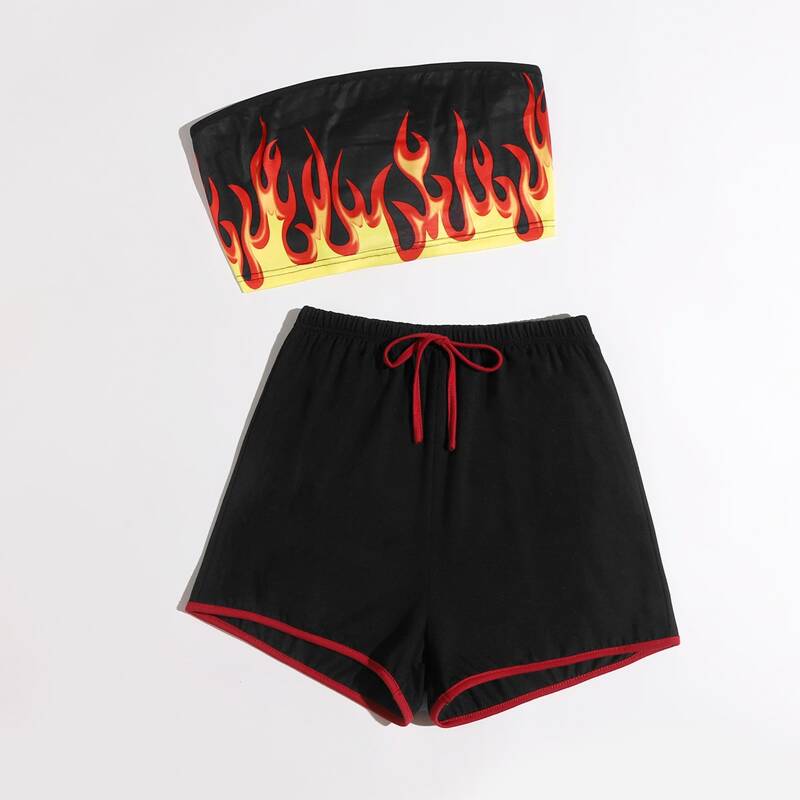

Fire Print Crop Tube Top & Shorts, Black