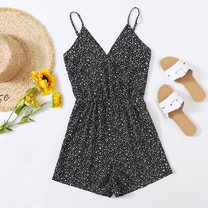 

All Over Print Cami Romper, Black and white