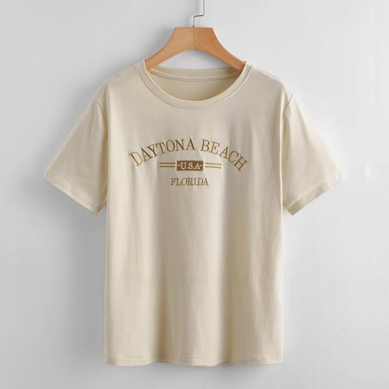 

Slogan Embroidery Tee, Beige