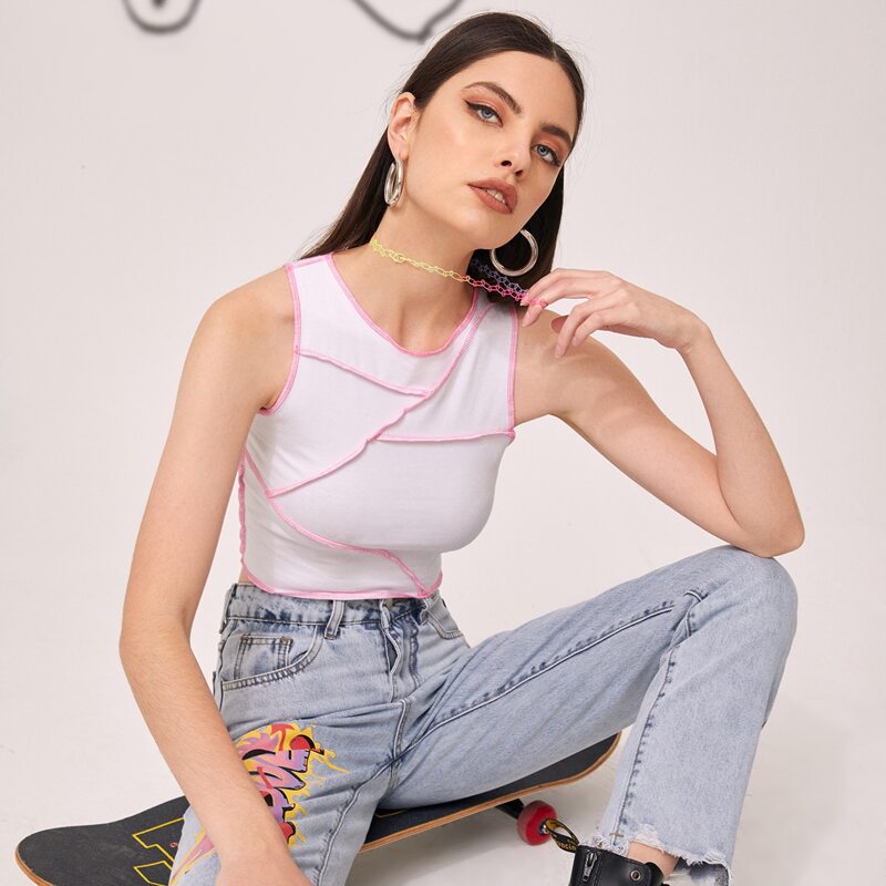 

Contrast Stitching Crop Tank Top, White