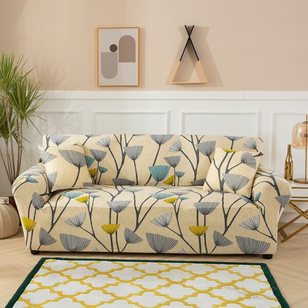 

Flower Print Stretchy Sofa Cover & 1pc Cushion Cover, Apricot