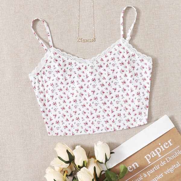 

Lace Trim Ditsy Floral Cami Top, White