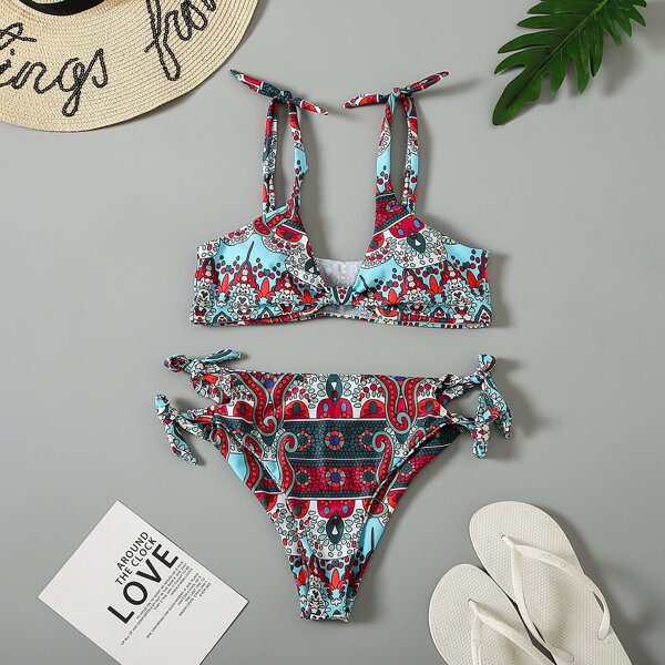 

Allover Graphic Self Tie Bikini Swimsuit, Multicolor