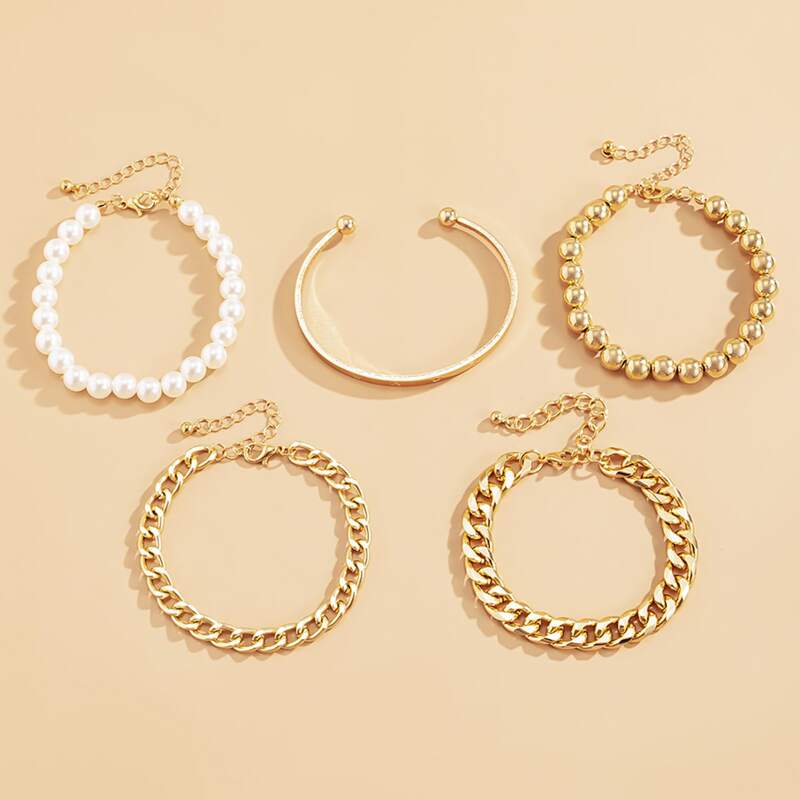 

5pcs Faux Pearl Beaded Bracelet Set, Gold