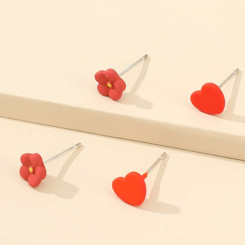 

2pairs Heart & Floral Stud Earrings, Red
