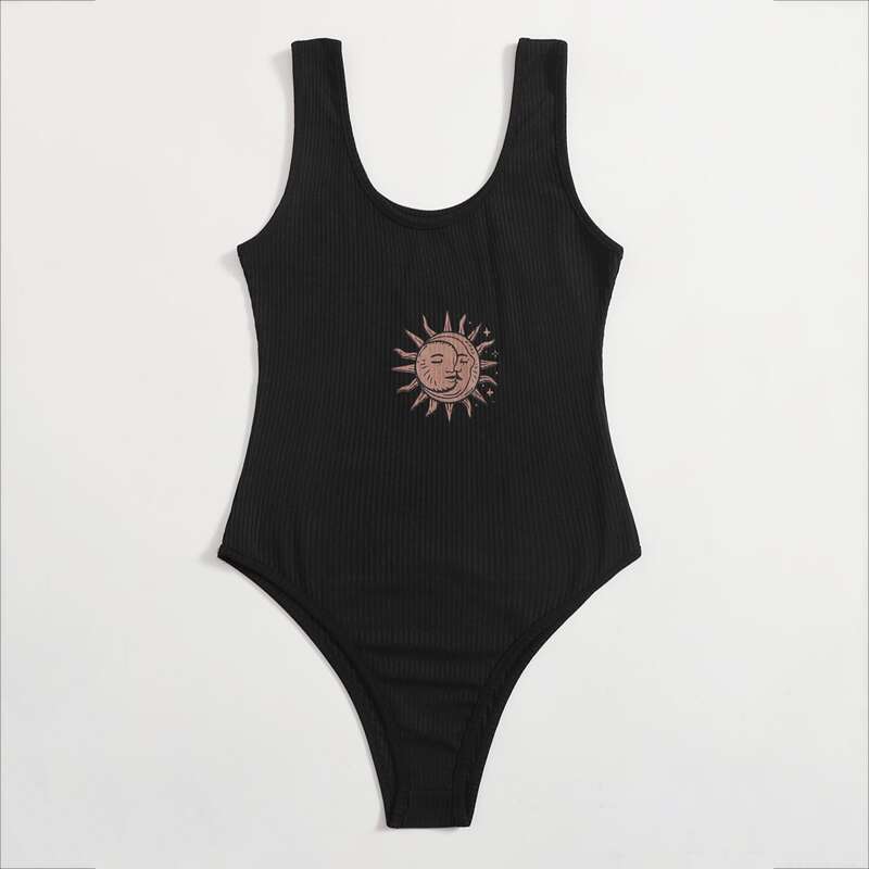 

Sun & Moon Graphic Ribbed Bodysuit, Black