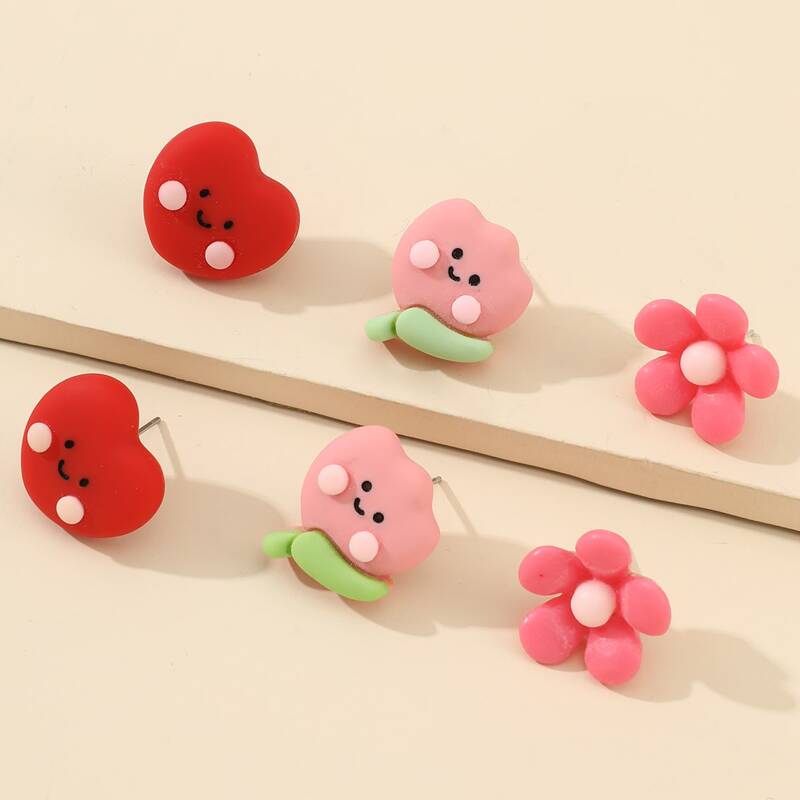 

3pairs Floral & Heart Stud Earrings, Multicolor
