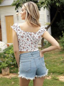 SHEIN WYWH Top corto con cordón delantero con fruncido floral - Blanco - Ver 2
