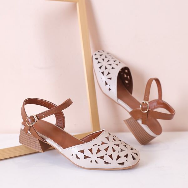 

Laser Cut-out Ankle Strap Pumps, Beige