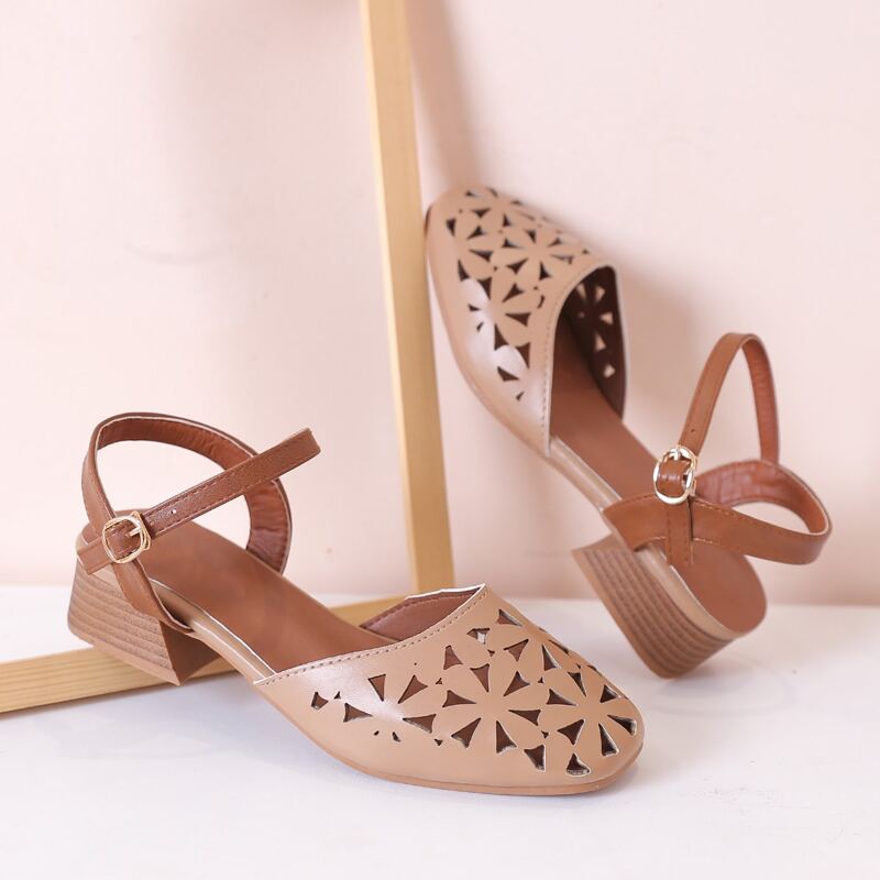 

Laser Cut-out Ankle Strap Pumps, Apricot