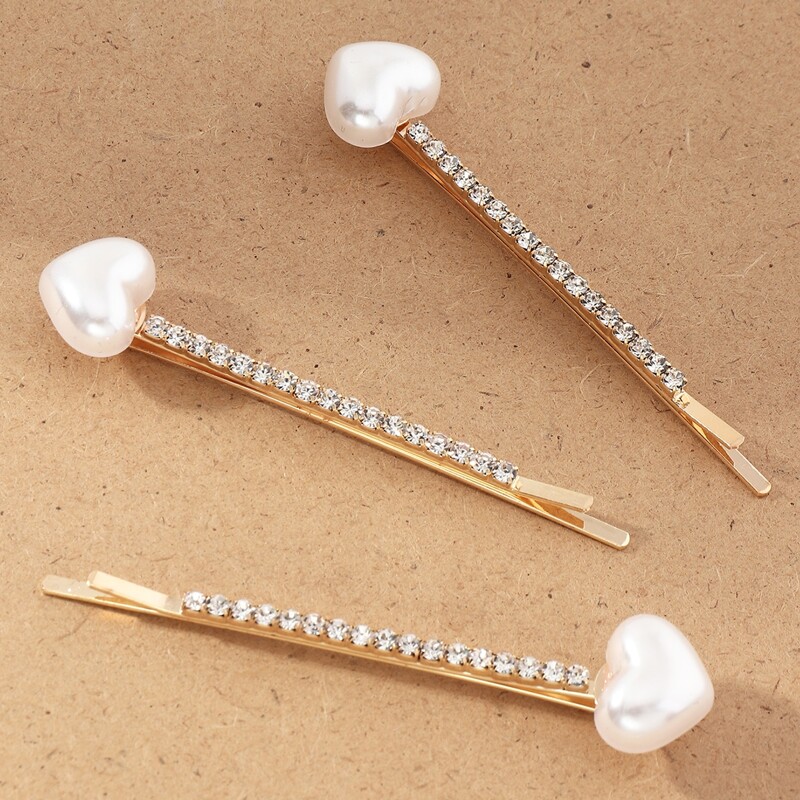 

3pcs Faux Pearl Heart Hair Clip, White