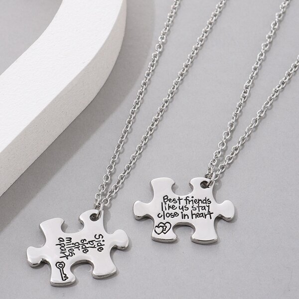 

2pcs Men Letter Engraved Puzzle Charm Necklace, Silver