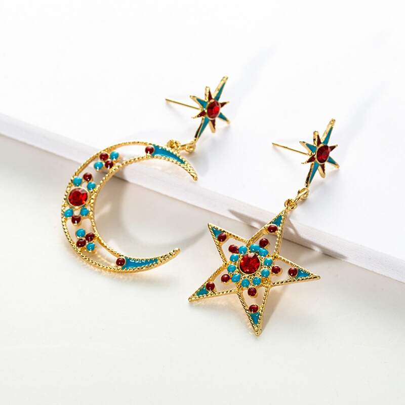 

Rhinestone Moon & Star Drop Earrings, Multicolor