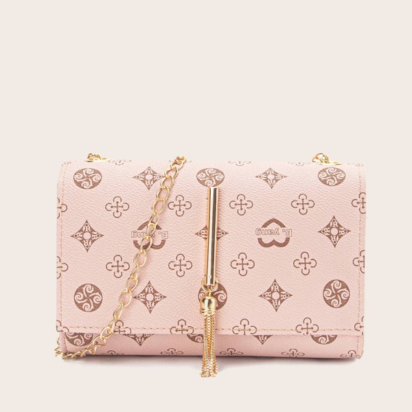 

Tassel Charm Geometric Graphic Chain Bag, Pink