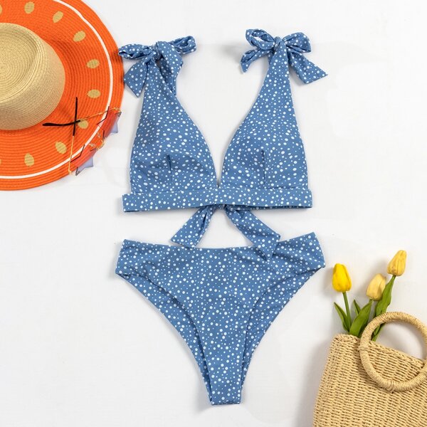 

Polka Dot Tie Shoulder Bikini Swimsuit, Blue and white