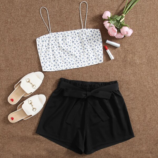

Ditsy Floral Crop Cami Top & Belted Shorts Set, Black and white