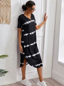 Striped Curved Hem Split Tee Dress - Black - View 1