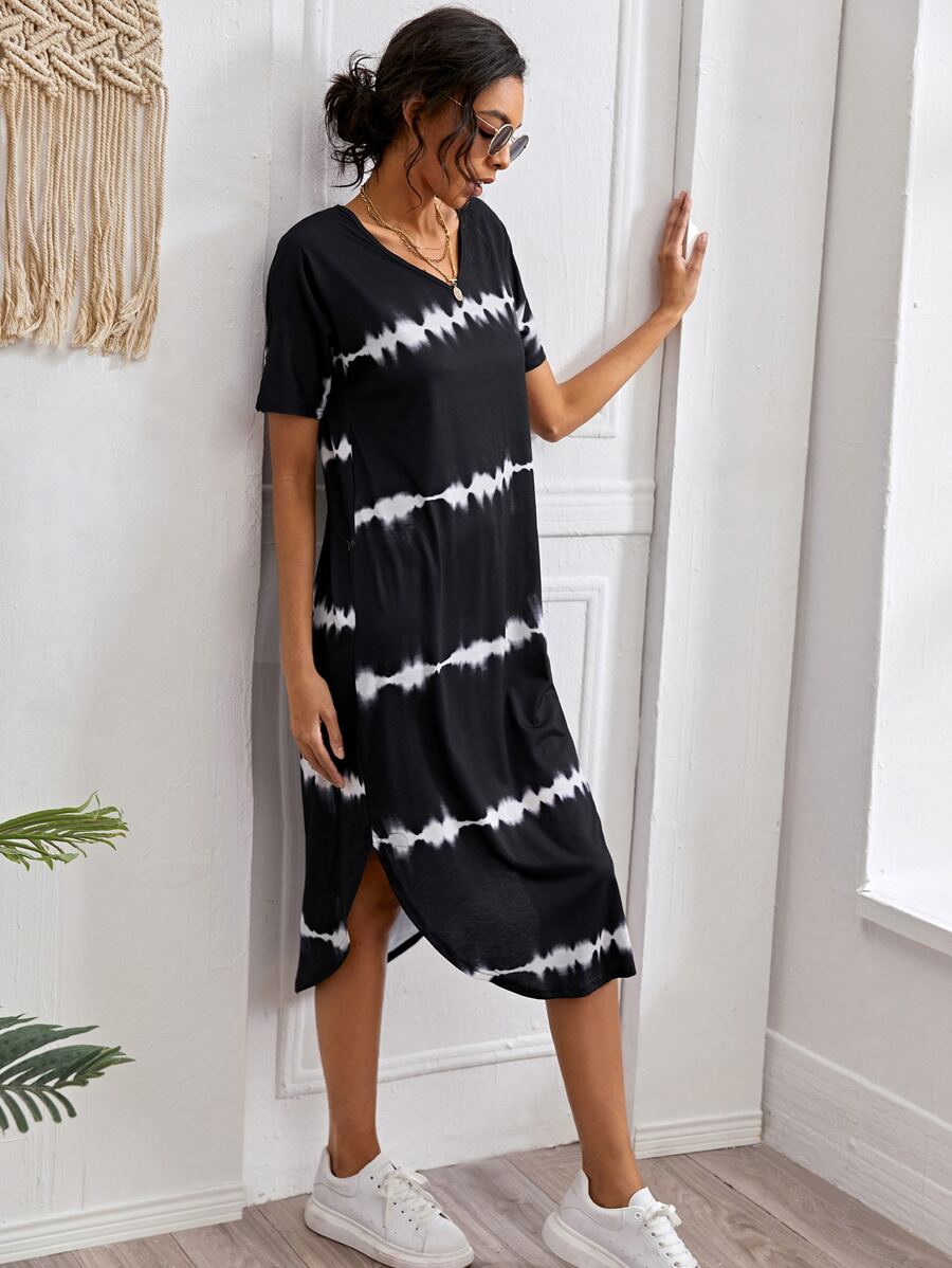 Striped Curved Hem Split Tee Dress - Black - View 1