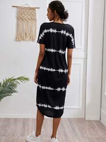 Striped Curved Hem Split Tee Dress - Black - View 2