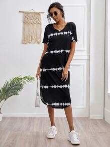 Striped Curved Hem Split Tee Dress - Black - View 3