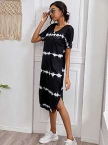 Striped Curved Hem Split Tee Dress - Black - View 4