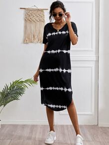 Striped Curved Hem Split Tee Dress - Black - View 5