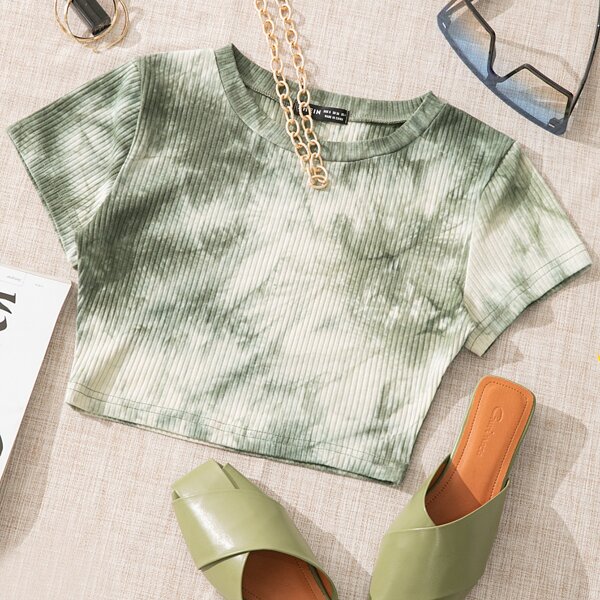 

Tie Dye Rib-knit Crop Tee, Army green