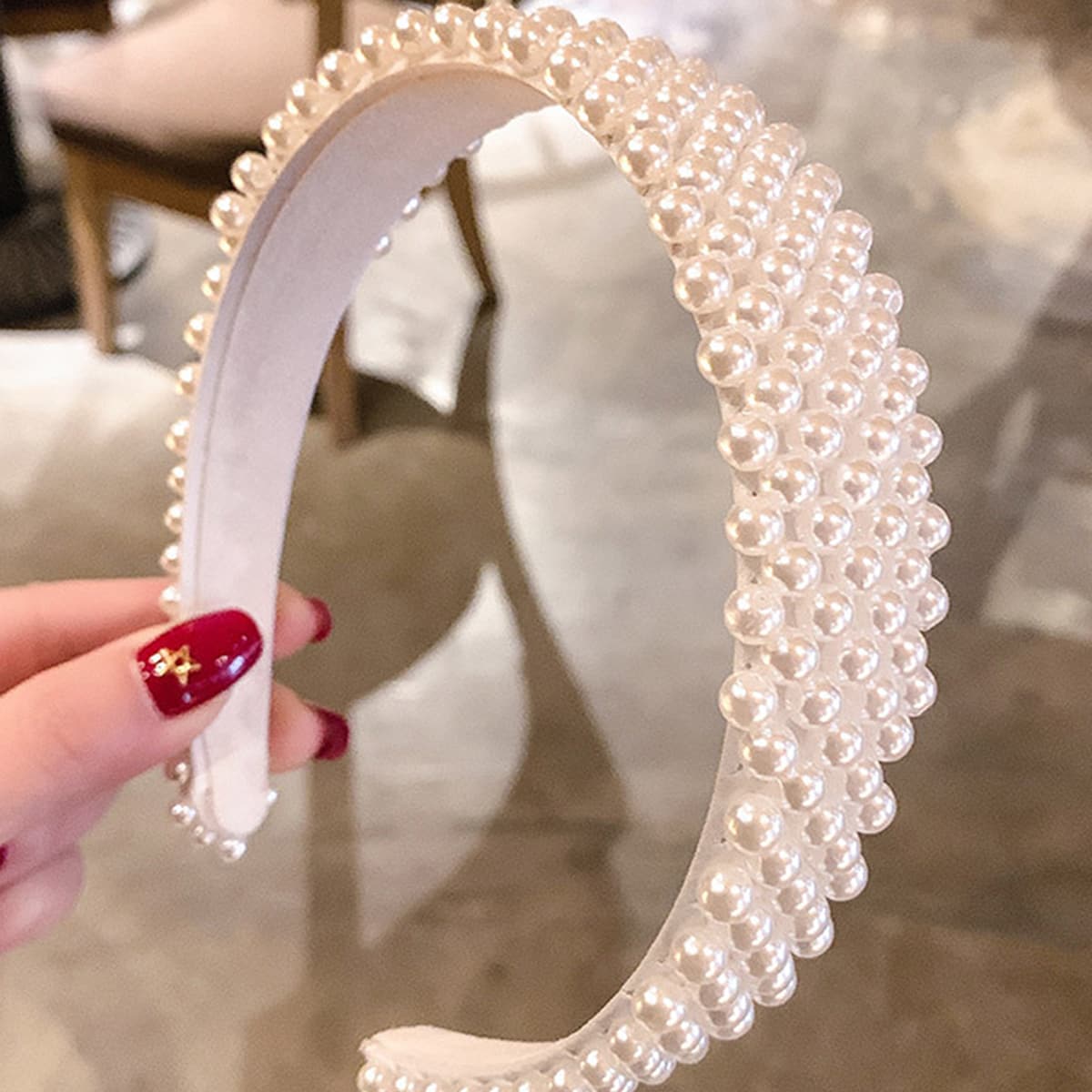 

Faux Pearl Wide Headband, White