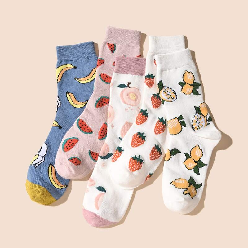 

5pairs Fruit Pattern Crew Socks, Multicolor