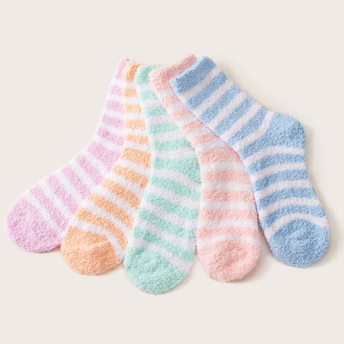 

5pairs Stripe Fuzzy Socks, Multicolor