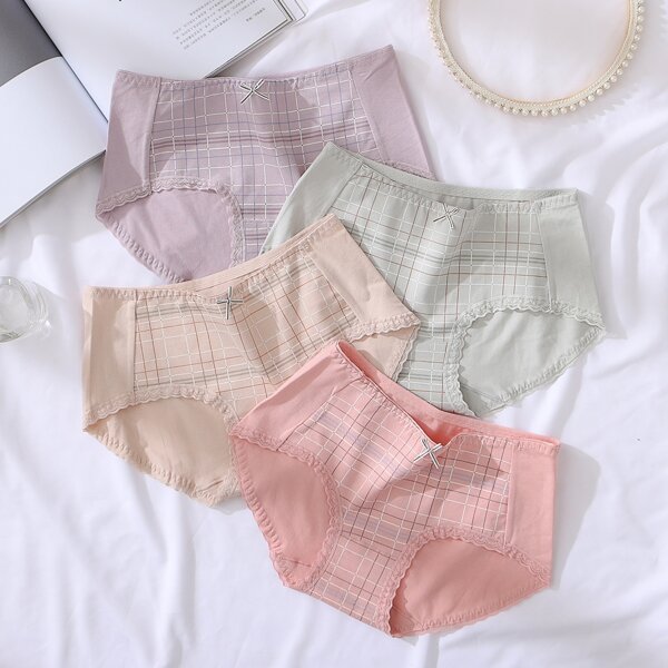

Girls 4pcs Plaid Contrast Lace Bow Panties, Multicolor