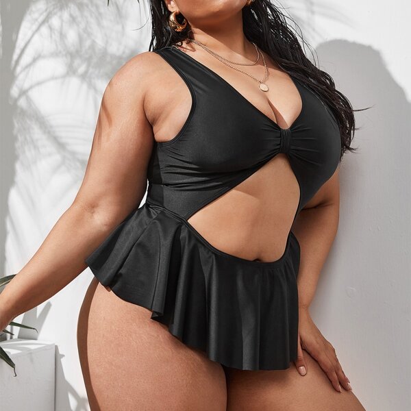 

Plus Cut-out Ruffle One Piece Swimsuit, Black