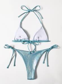 Metallic Triangle Tie Side Bikini Set - Blue - View 2