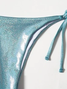 Metallic Triangle Tie Side Bikini Set - Blue - View 3