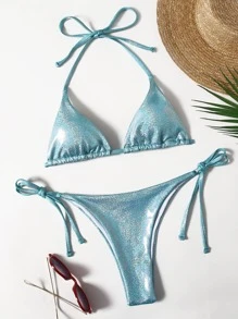 Metallic Triangle Tie Side Bikini Set - Blue - View 4